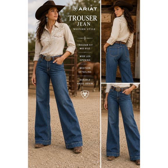 Ariat Denim - Ariat Trouser Jeans Womens 32R Wide Leg Western Cowgirl Denim